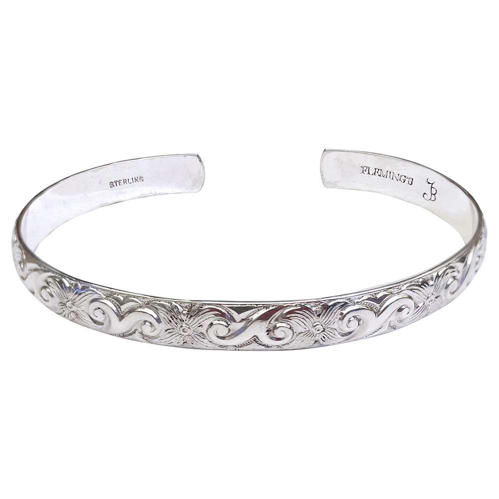 Daffodil & Leaf Pattern Sterling Silver C-Band Bracelet - Adult