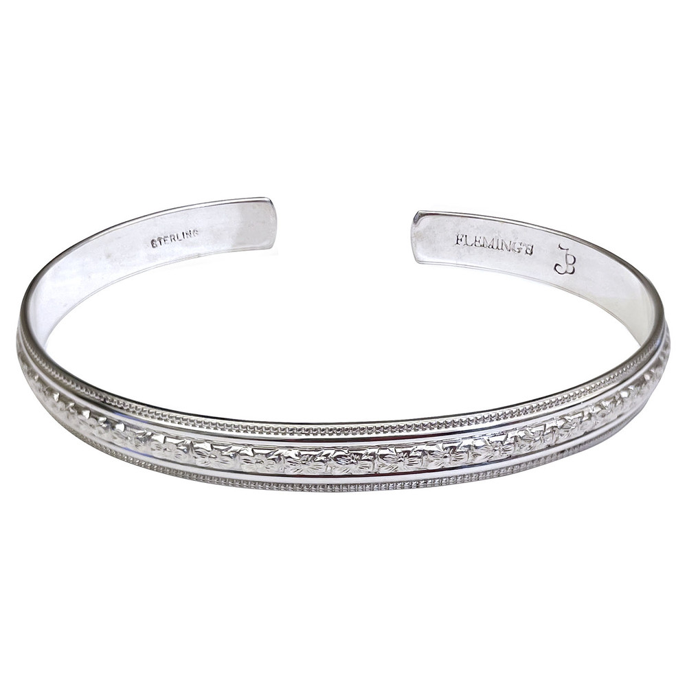 Daffodil & Leaf Pattern Sterling Silver C-Band Bracelet - Adult