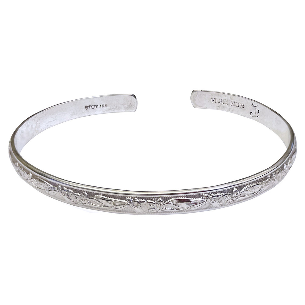 Daffodil & Leaf Pattern Sterling Silver C-Band Bracelet - Adult