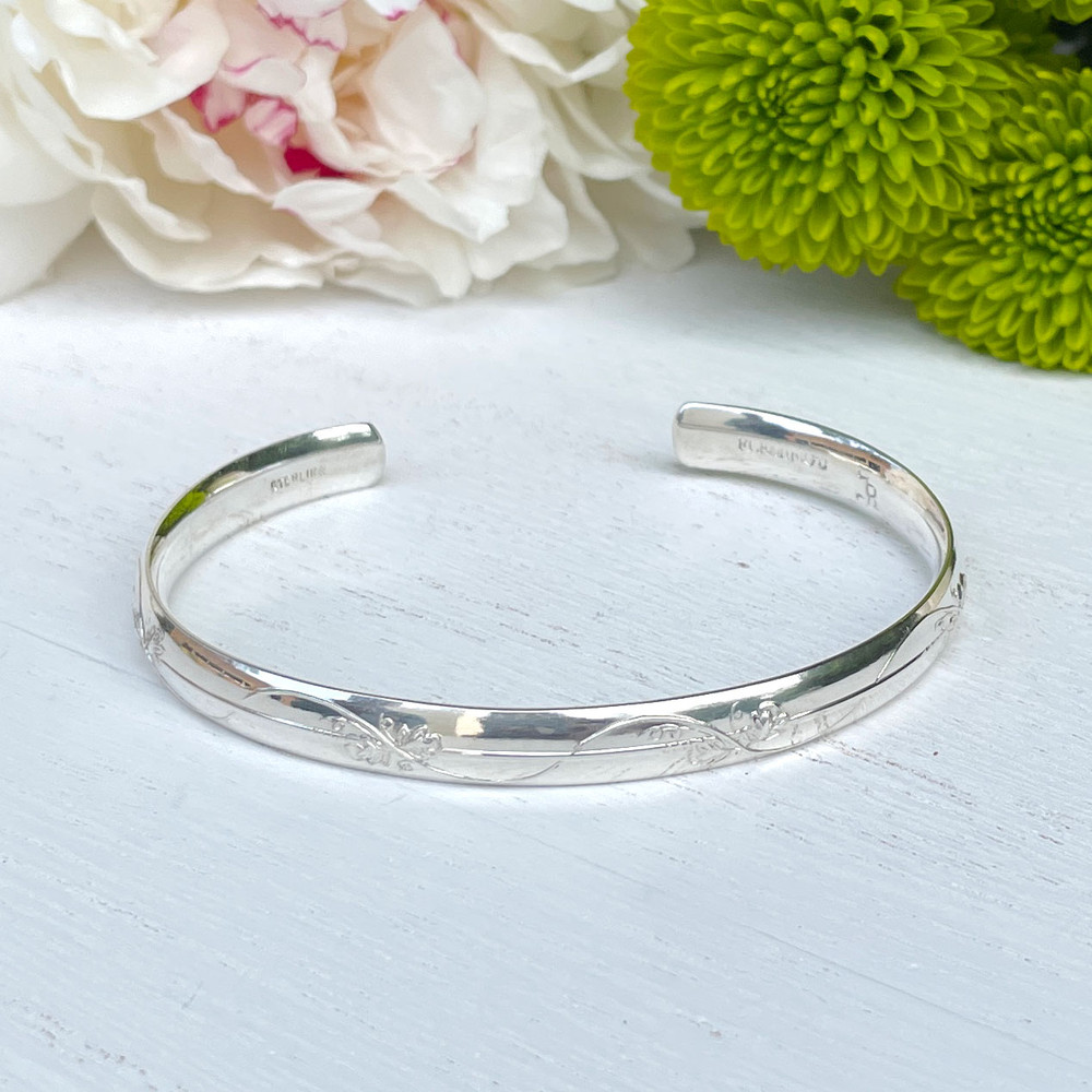 Vine Pattern Sterling Silver C-Band Bracelet - Adult