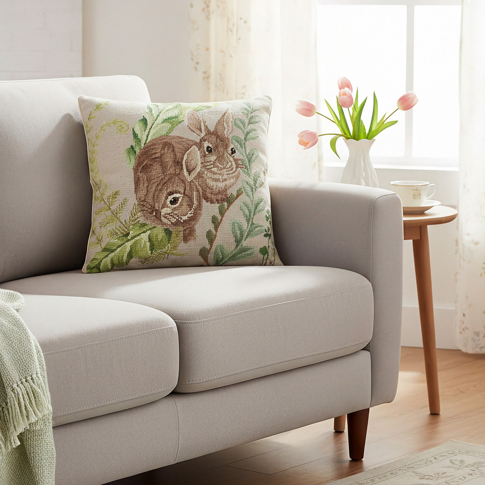 Rabbits with Ferns Needlepoint Pillow