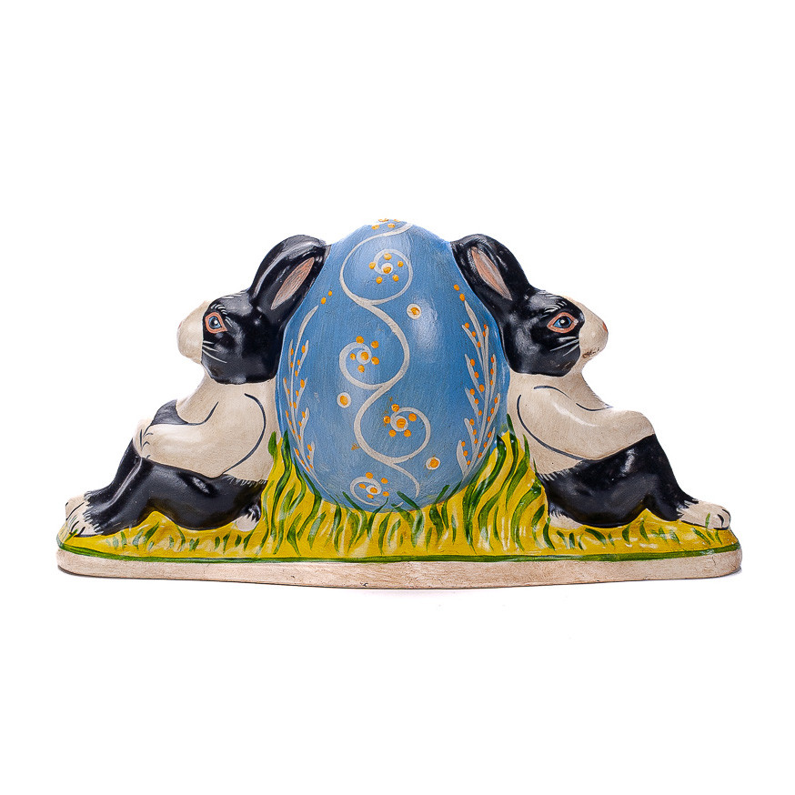 Vaillancourt Chalkware Dutch Rabbits Resting on Blue Floral Egg