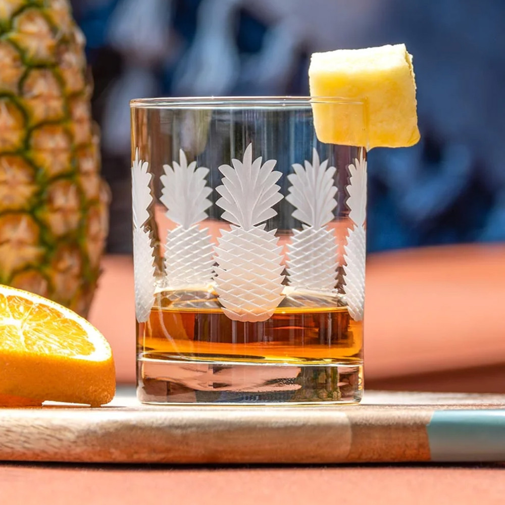 Fresh Pineapple Etched Double Old Fashioned Glass 13 Oz