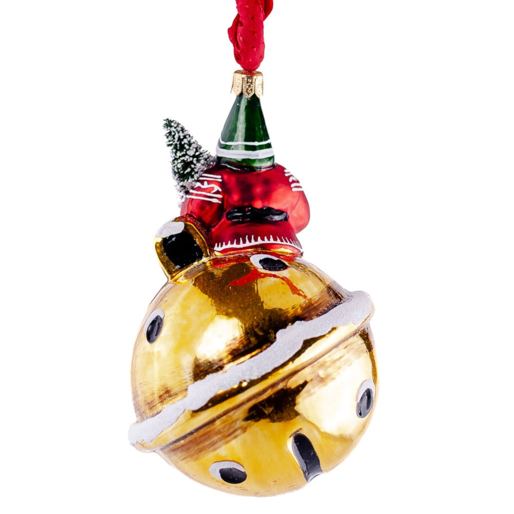 Vaillancourt Santa on Gold Sleigh Bell Ornament