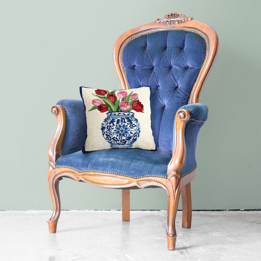 Chinoiserie Vase with Tulips Hooked Pillow | The Shops at Colonial Williamsburg