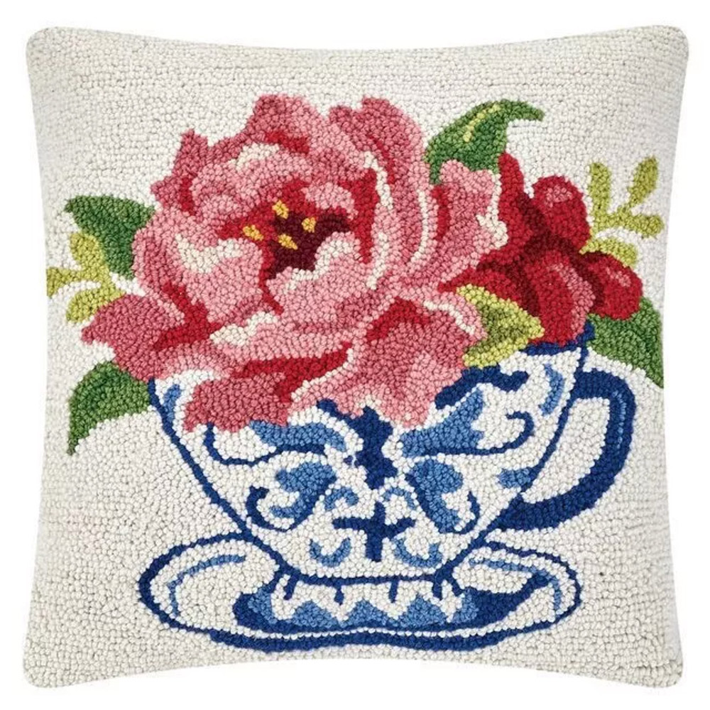 Flowers in a Teacup Hooked Wool Pillow 18" | The Shops at Colonial Williamsburg