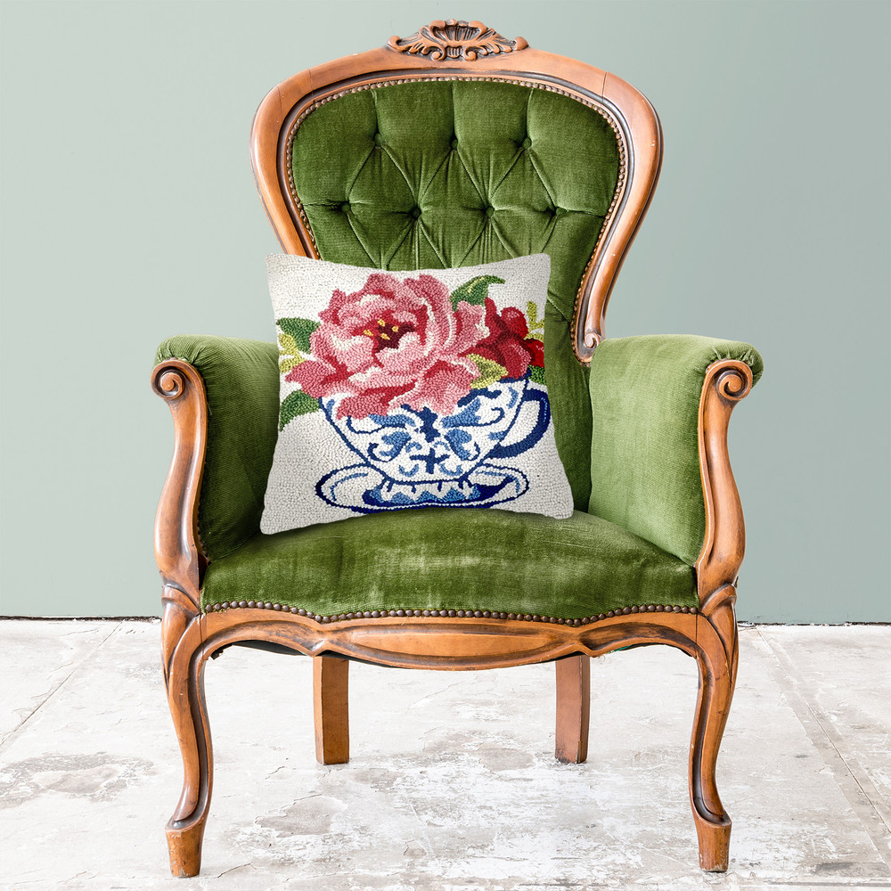 Flowers in a Teacup Hooked Wool Pillow 18" | The Shops at Colonial Williamsburg