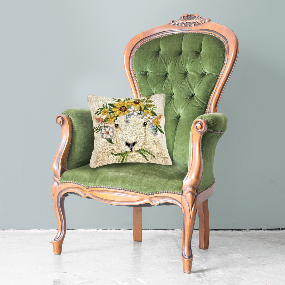 Spring Sheep Hooked Wool Pillow 14" | The Shops at Colonial Williamsburg