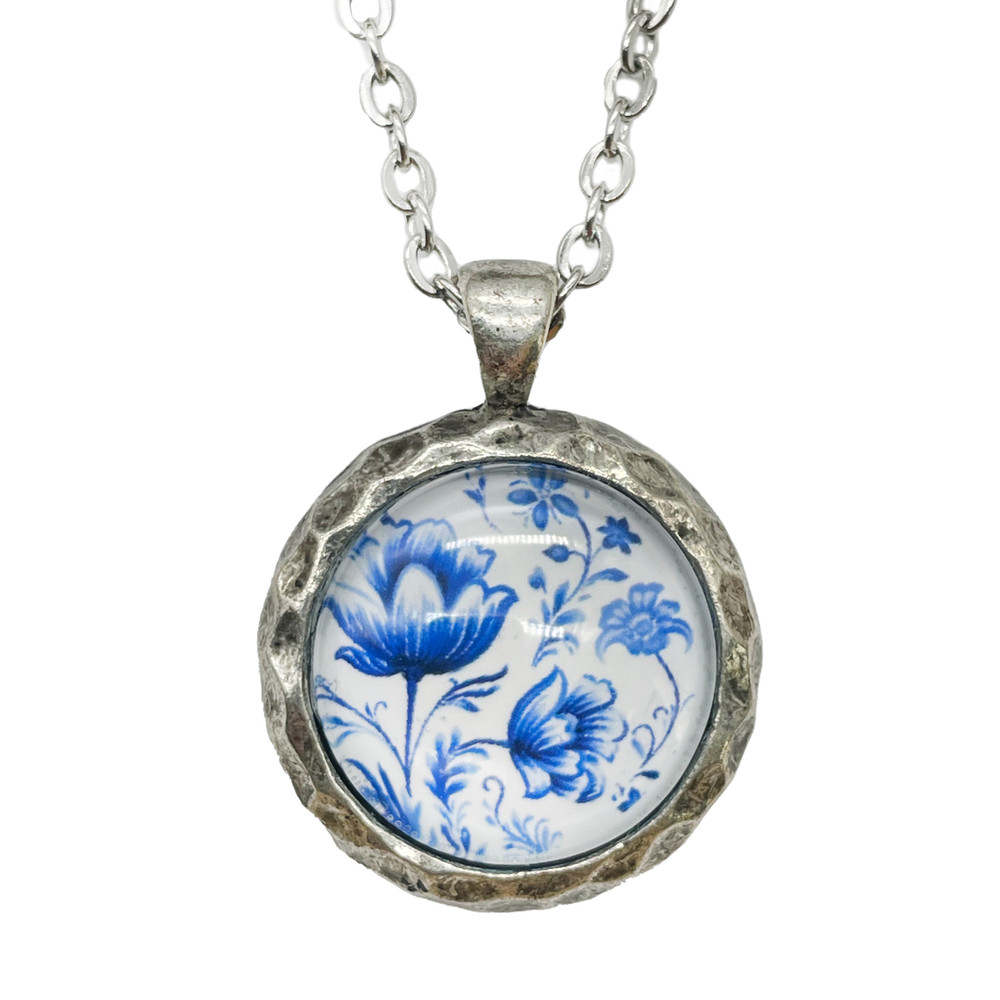 Blue & White Flower Hammered Pewter Charm Necklace