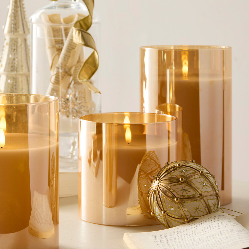 Raz Flameless Pillar Candle in Glass Holder - Gold | The Shops at Colonial Williamsburg