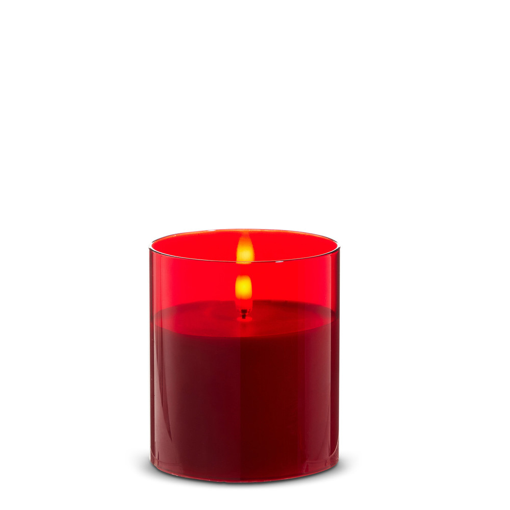 Raz Flameless Pillar Candle in Glass Holder - Red