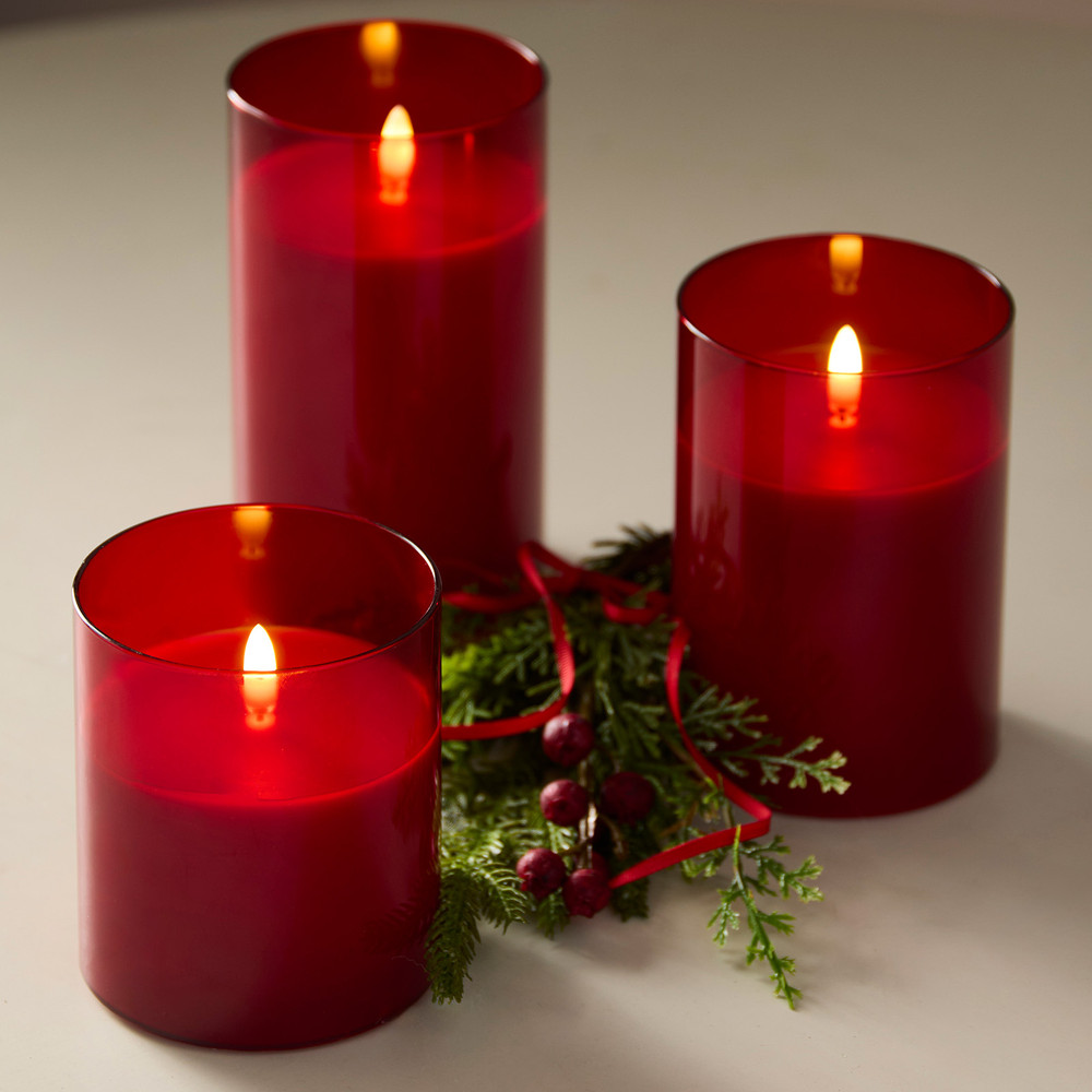 Raz Flameless Pillar Candle in Glass Holder - Red | The Shops at Colonial Williamsburg