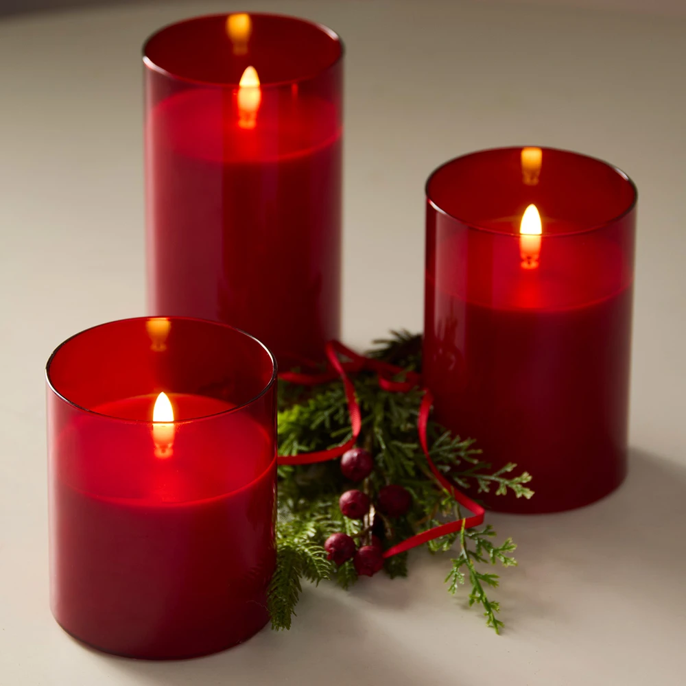 Raz Flameless Pillar Candle in Glass Holder - Red | The Shops at Colonial Williamsburg