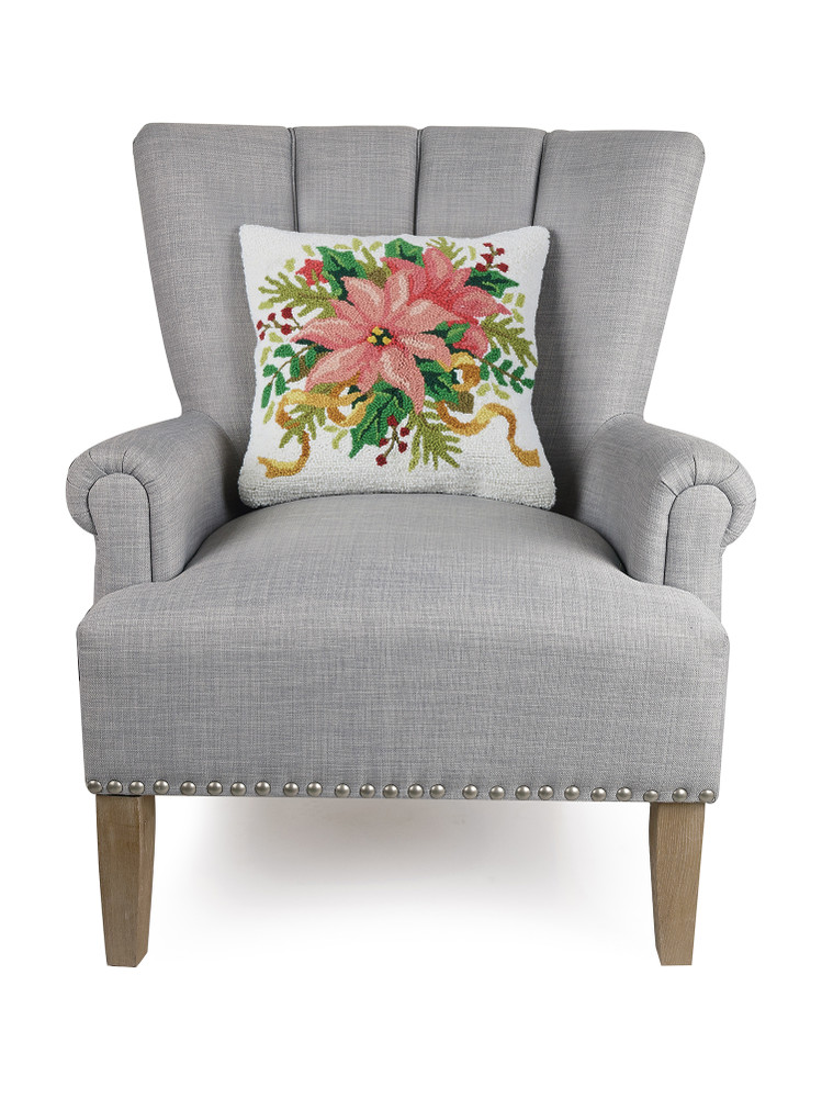 Pink Poinsettia Hooked Wool Holiday Pillow 16" | The Shops at Colonial Williamsburg