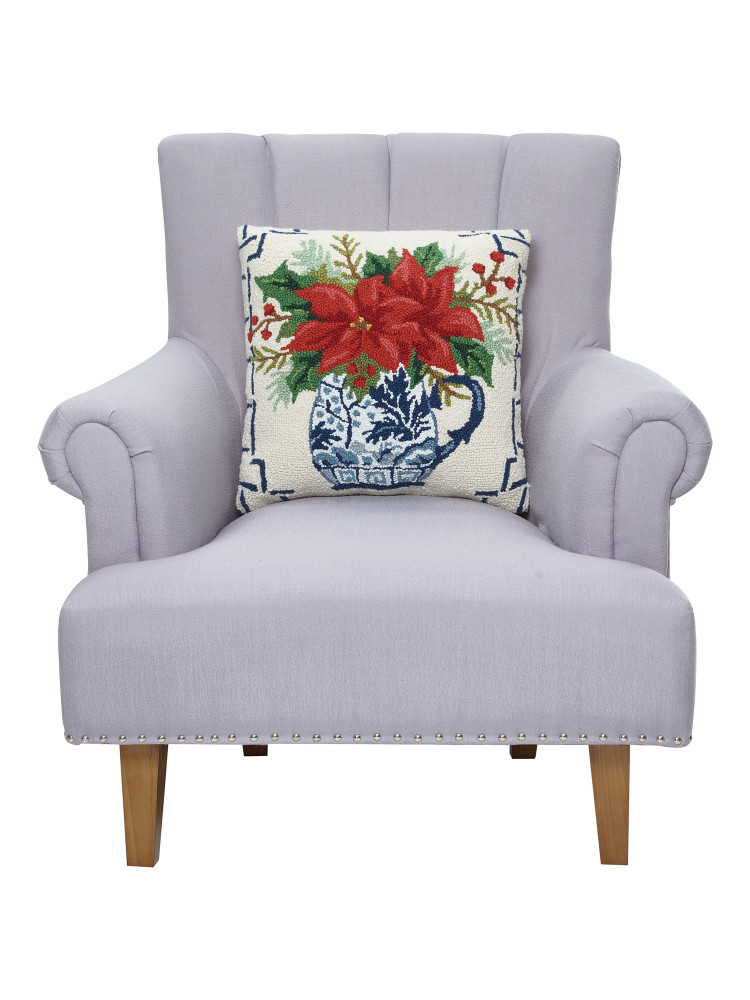 Red Poinsettia in a Chinoiserie Pitcher Hooked Wool Holiday Pillow 18" | The Shops at Colonial Williamsburg