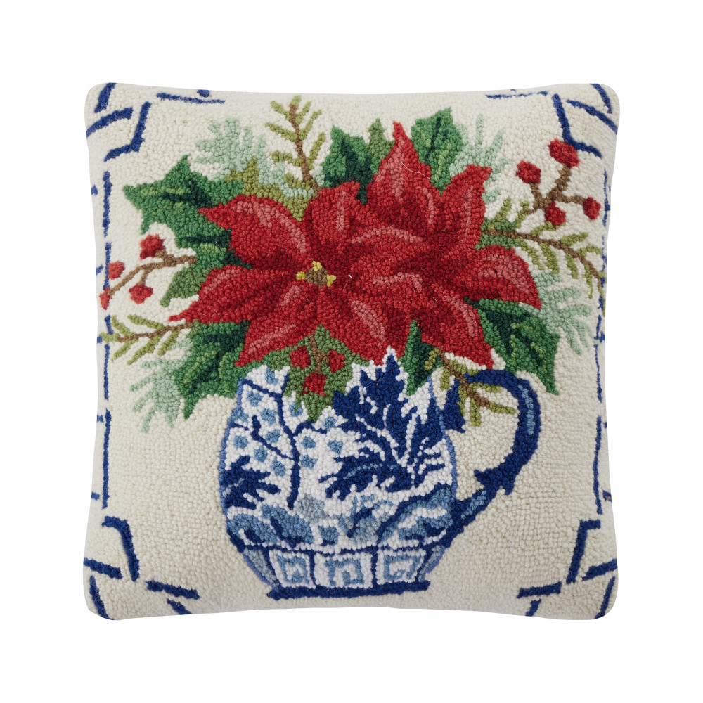 Red Poinsettia in a Chinoiserie Pitcher Hooked Wool Holiday Pillow 18" | The Shops at Colonial Williamsburg