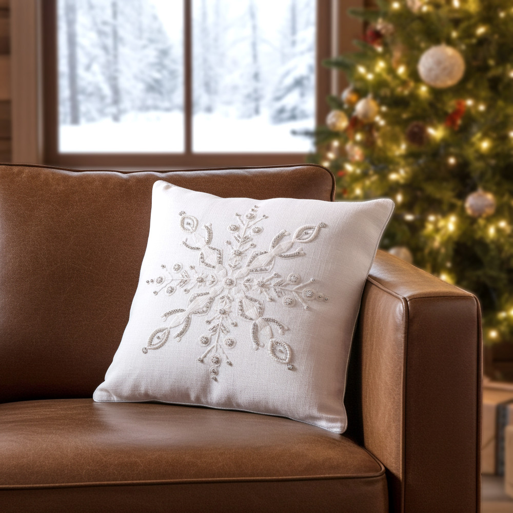 White Cotton Pillow with Beaded Snowflake 18" | The Shops at Colonial Williamsburg