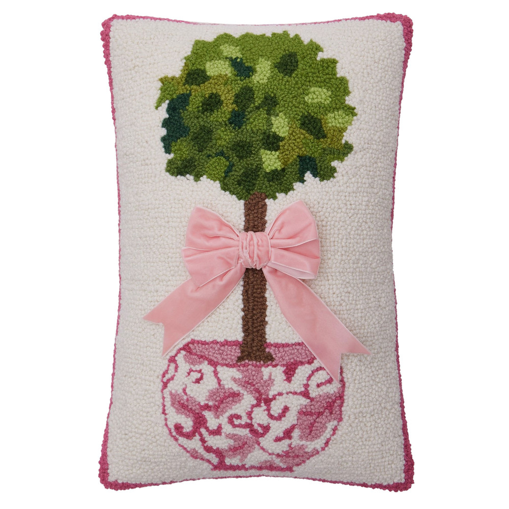 Chinoiserie Topiary Ribbon Hooked Wool Pillow | The Shops at Colonial Williamsburg