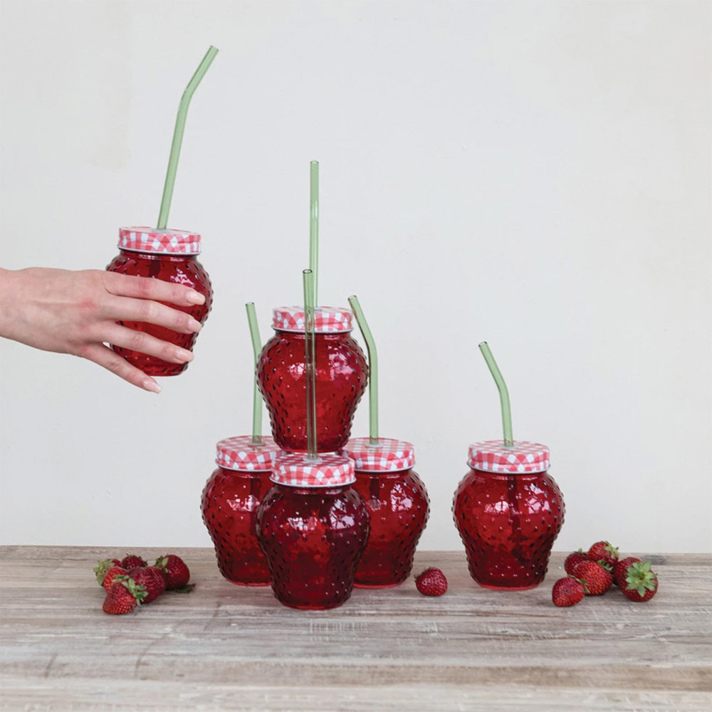 Red Strawberry Lidded Drinking Glass with Straw | The Shops at Colonial Williamsburg