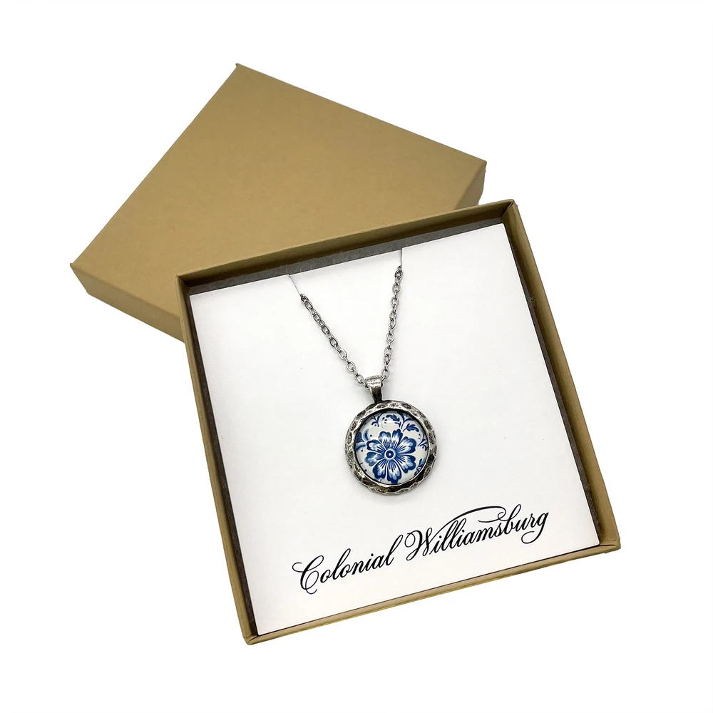 Blue & White Floral Hammered Pewter Charm Necklace | The Shops at Colonial Williamsburg