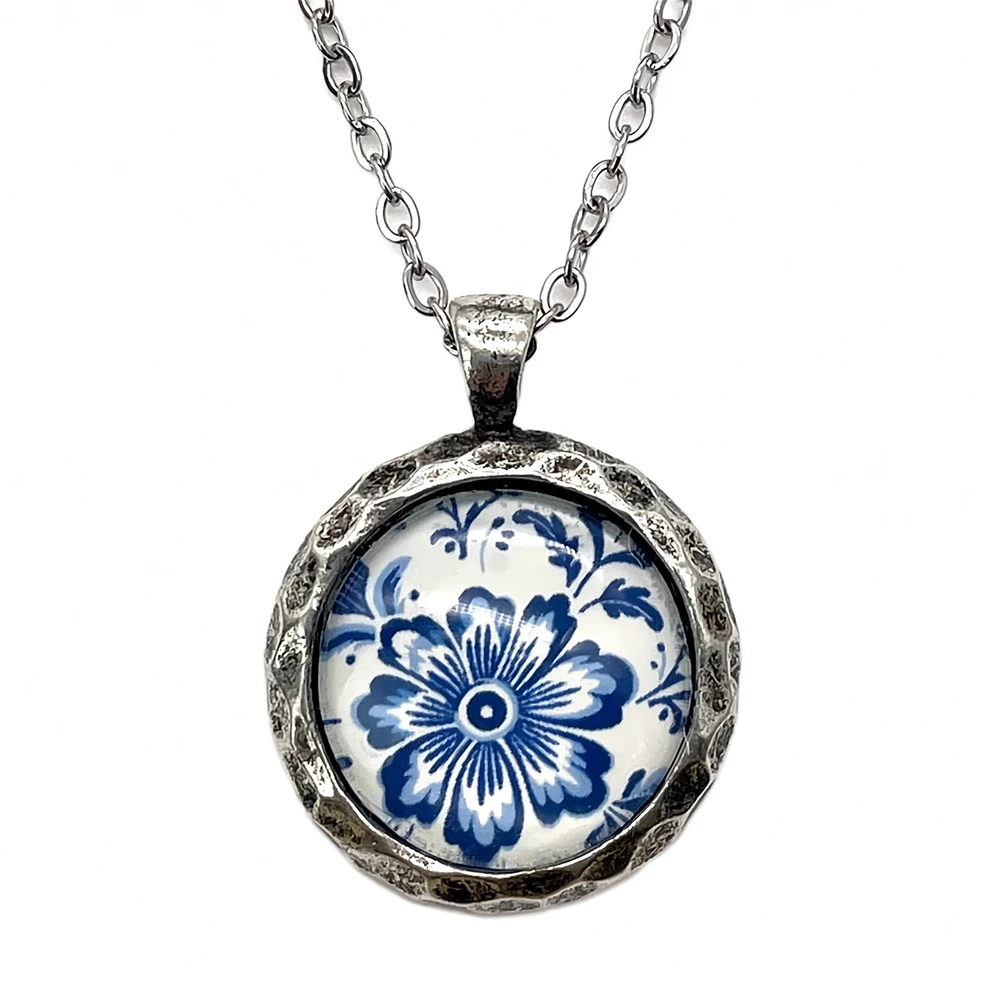 Blue & White Floral Hammered Pewter Charm Necklace | The Shops at Colonial Williamsburg