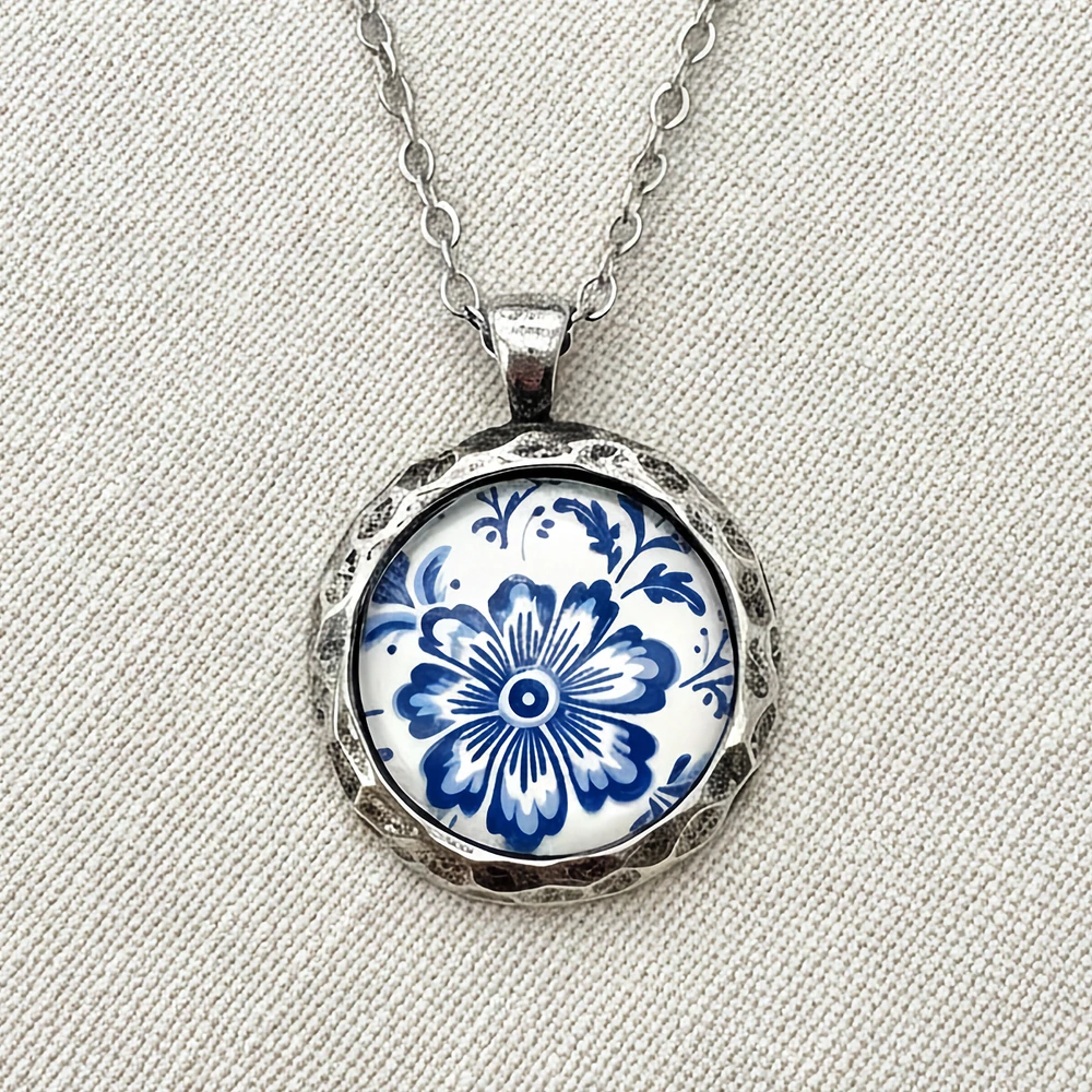 Blue & White Floral Hammered Pewter Charm Necklace | The Shops at Colonial Williamsburg