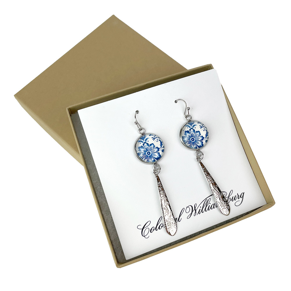 Blue & White Flower Charm Long Drop Dangle Earrings | The Shops at Colonial Williamsburg