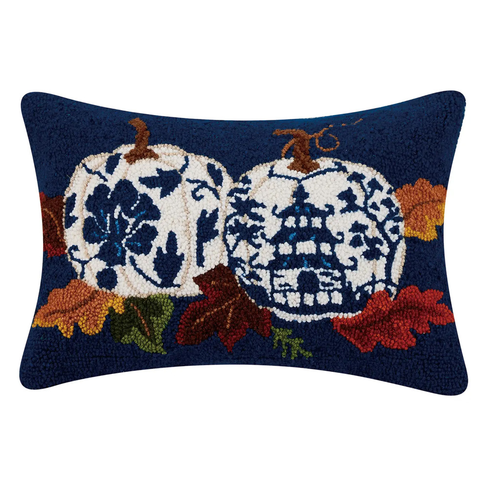Blue Chinoiserie Pumpkins Hooked Wool Fall Throw Pillow | The Shops at Colonial Williamsburg