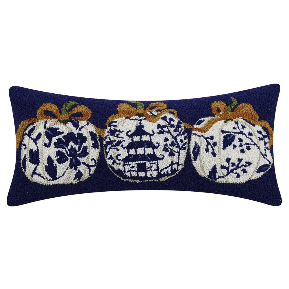 Blue Chinoiserie Pumpkins Hooked Wool Fall Throw Pillow | The Shops at Colonial Williamsburg