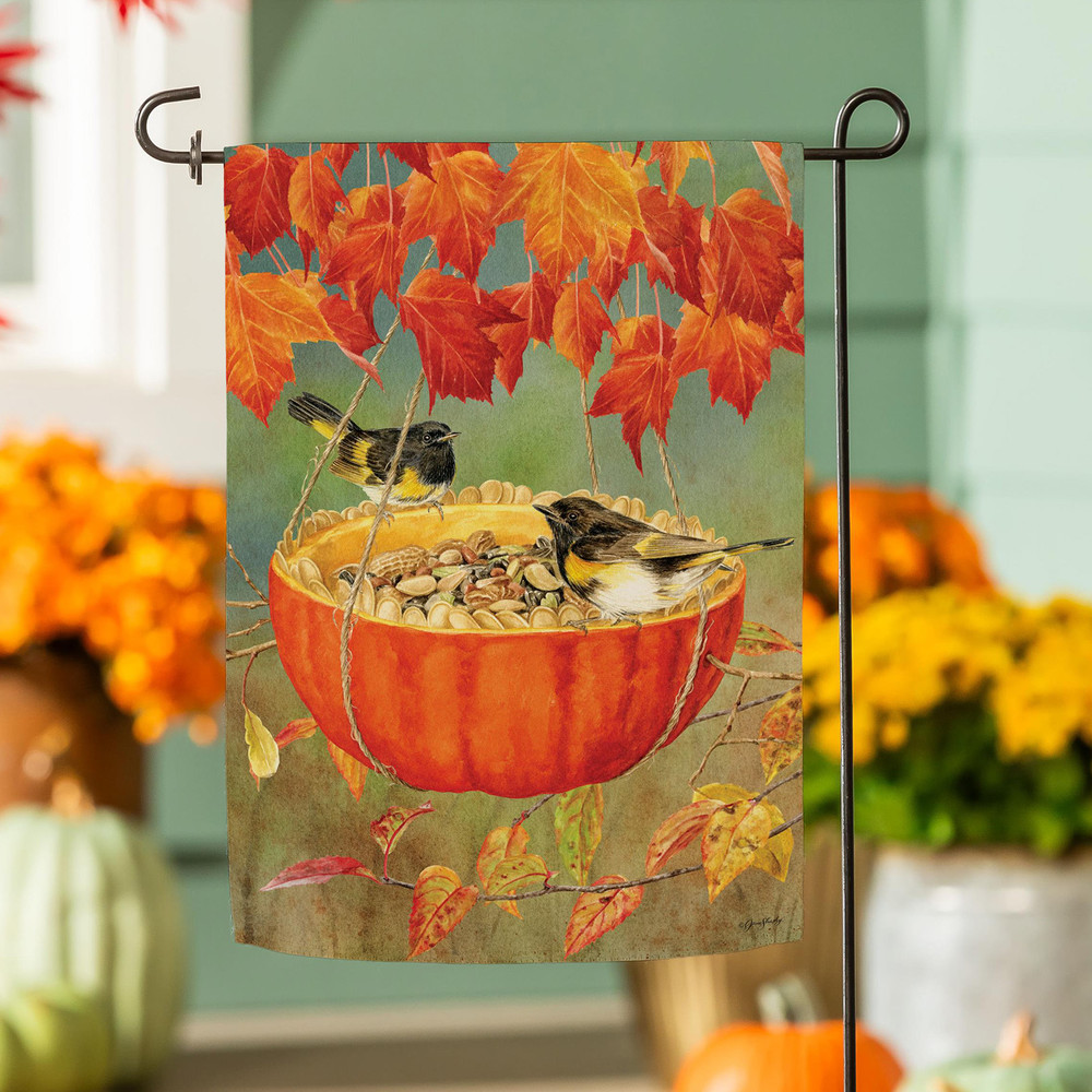 Orange Pumpkin Bird Feeder Fall Garden Flag | The Shops at Colonial Williamsburg