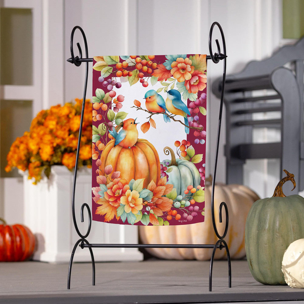 Multicolor Pumpkins, Berries, and Blue Birds Fall Garden Flag