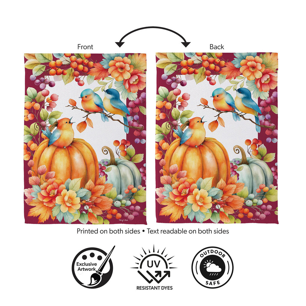 Multicolor Pumpkins, Berries, and Blue Birds Fall Garden Flag