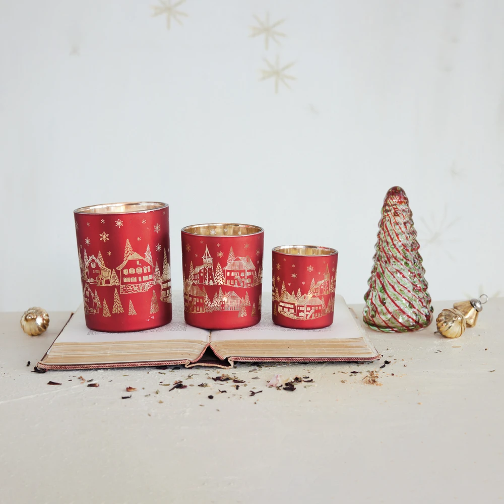 Glass Tealight Holder with Laser Etched Scene, Red & Gold | The Shops at Colonial Williamsburg