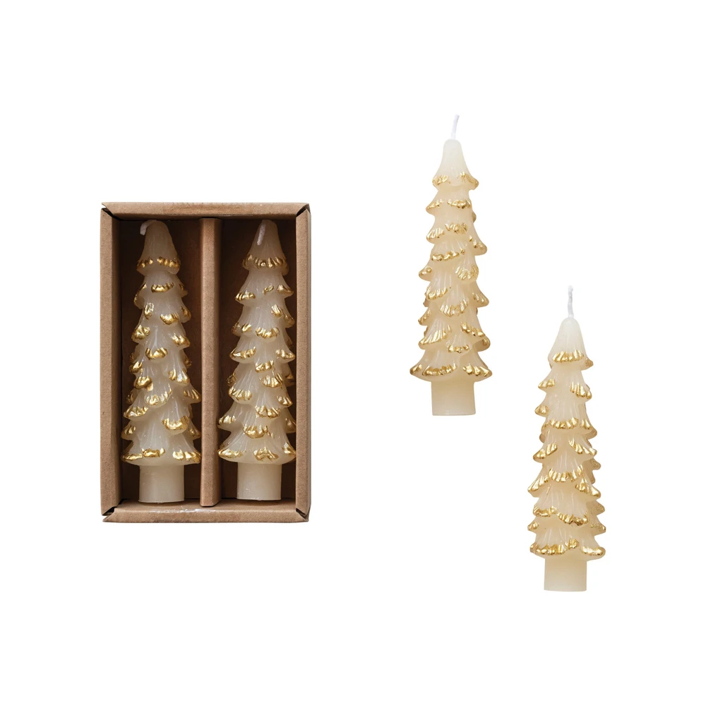 Tree-Shaped Taper Candles, Eggnog Off-White & Gold, Set of 2 | The Shops at Colonial Williamsburg