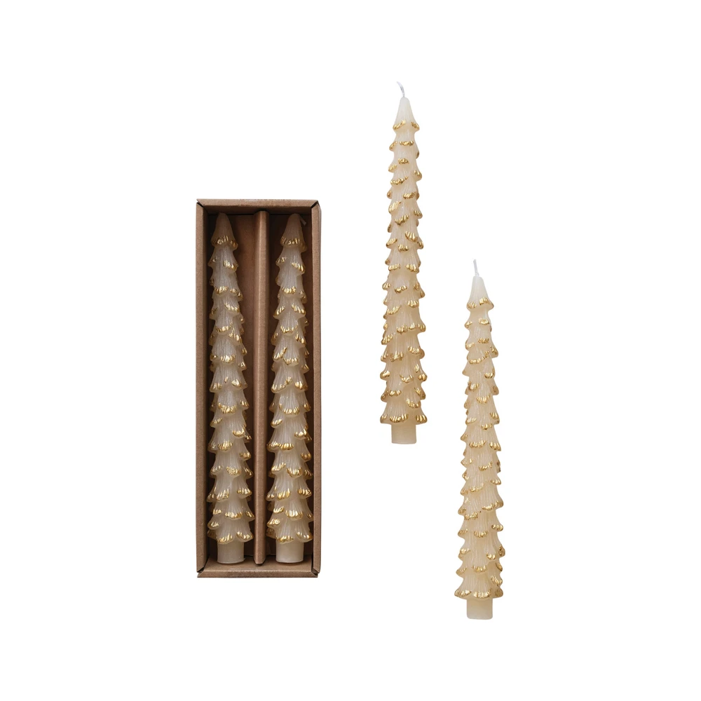 Tree-Shaped Taper Candles, Eggnog Off-White & Gold, Set of 2 | The Shops at Colonial Williamsburg