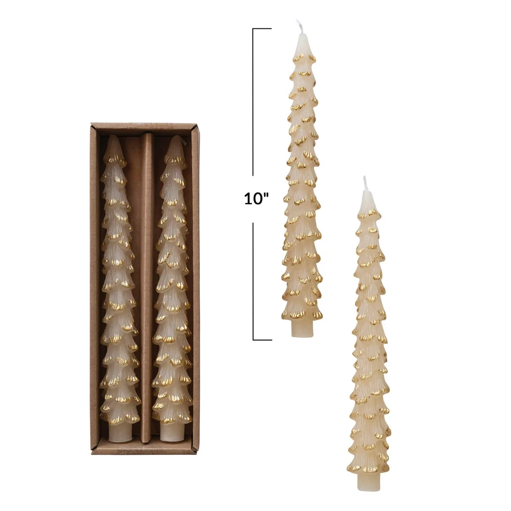 Tree-Shaped Taper Candles, Eggnog Off-White & Gold, Set of 2 | The Shops at Colonial Williamsburg