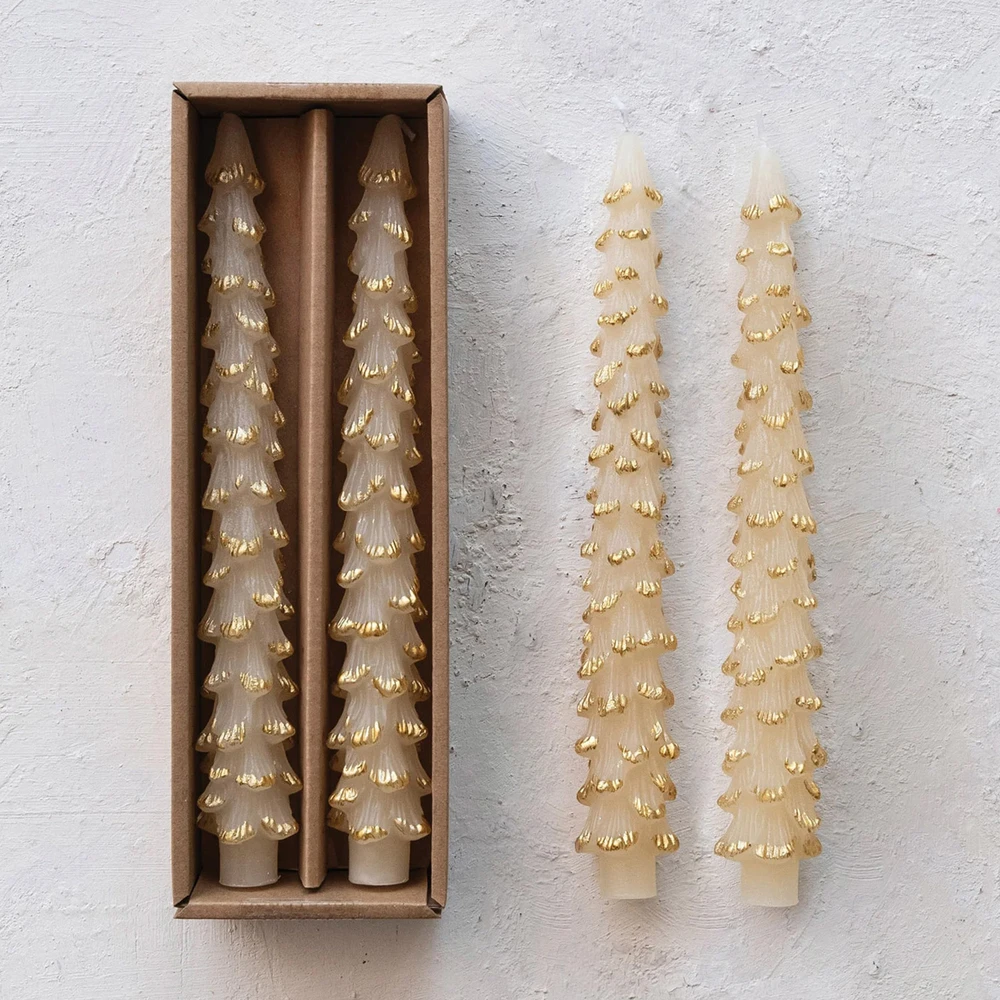 Tree-Shaped Taper Candles, Eggnog Off-White & Gold, Set of 2 | The Shops at Colonial Williamsburg