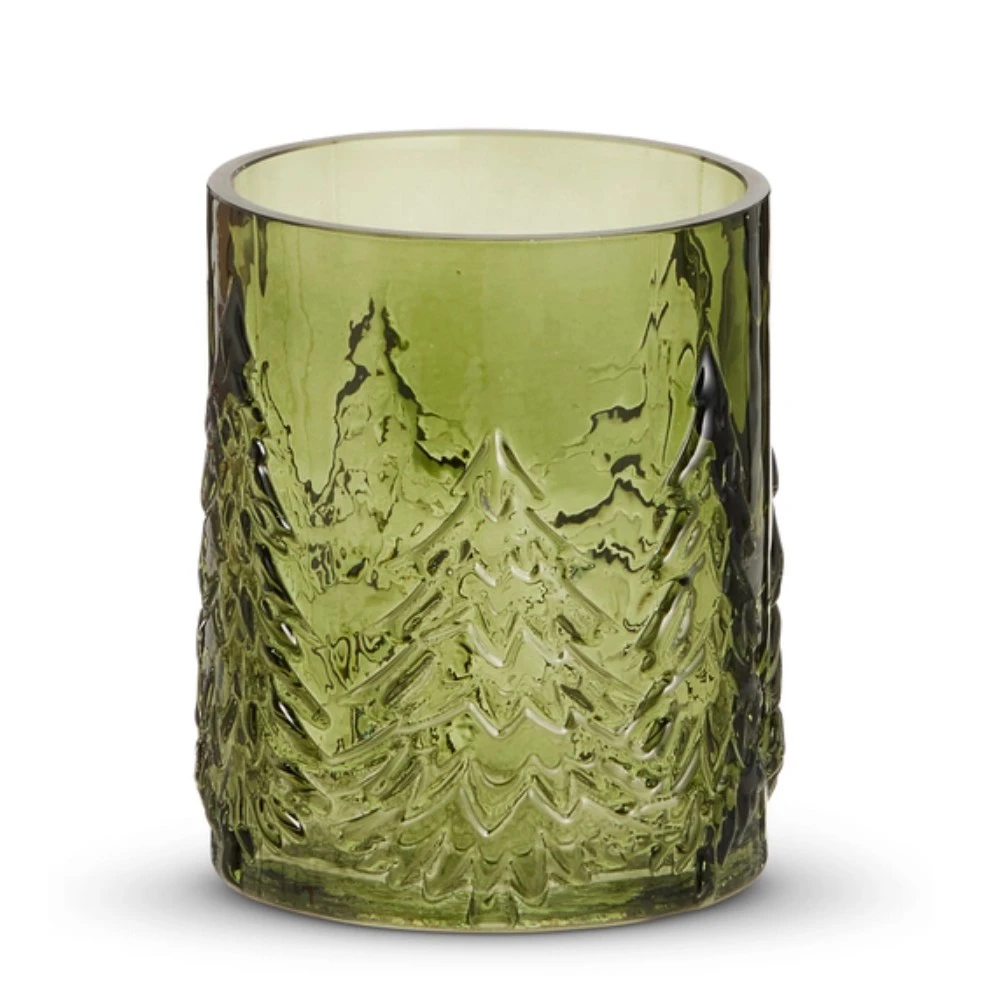 Embossed Pine Tree Green Glass Candle Holder | The Shops at Colonial Williamsburg