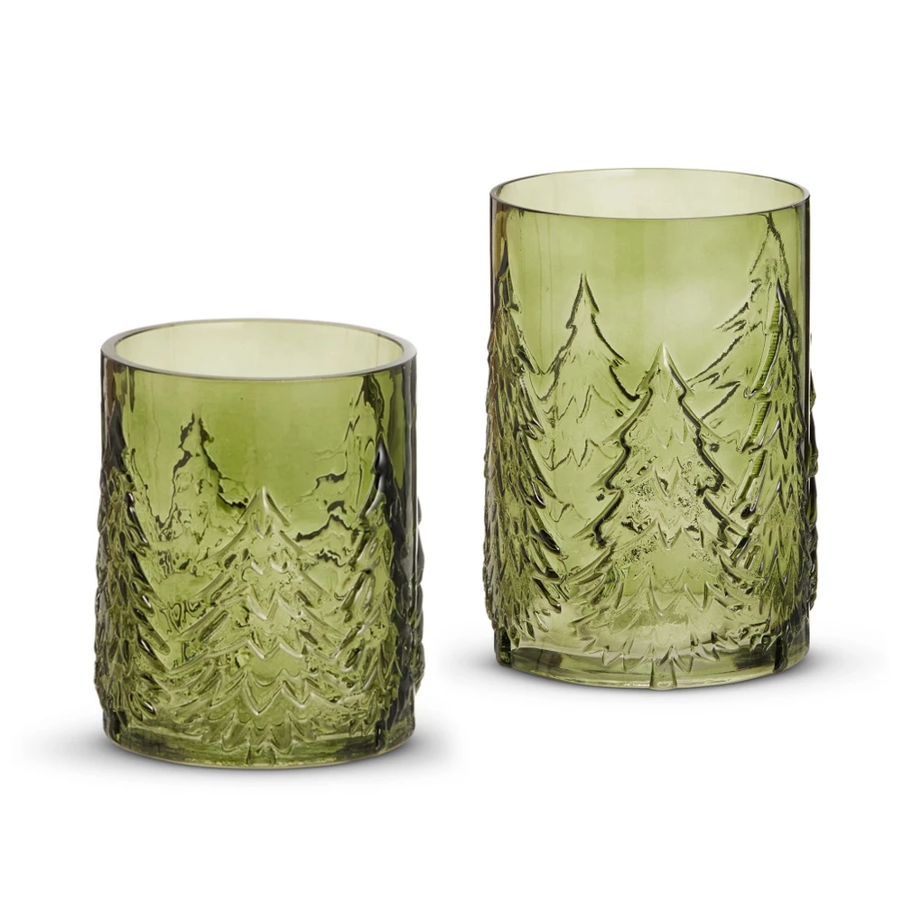 Embossed Pine Tree Green Glass Candle Holder | The Shops at Colonial Williamsburg