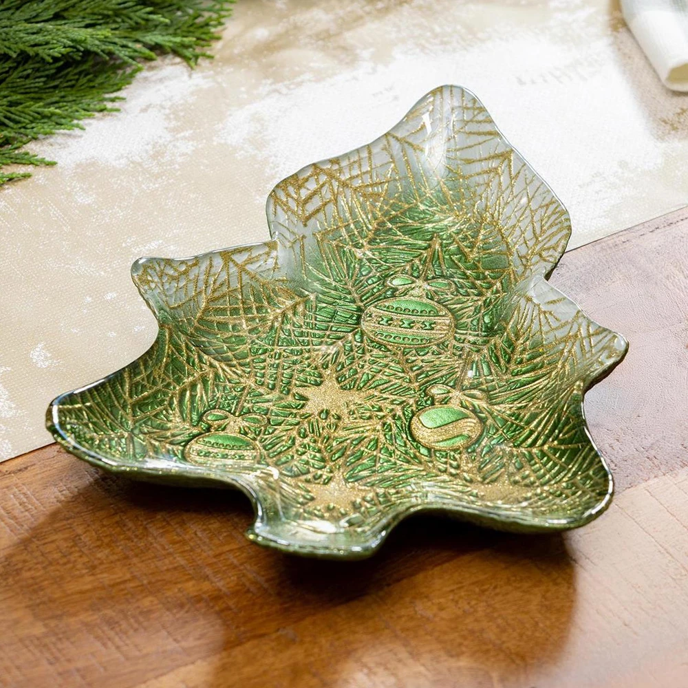 Green and Gold Tree-Shaped Glass Serving Plate 12" L | The Shops at Colonial Williamsburg