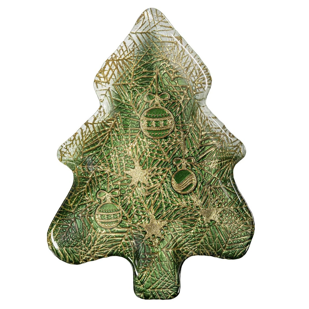 Green and Gold Tree-Shaped Glass Serving Plate 12" L | The Shops at Colonial Williamsburg