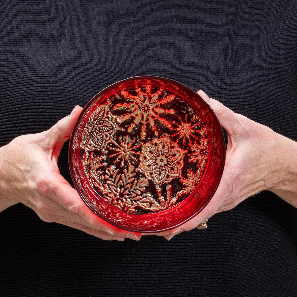 Red Glass Bowl with Gold Snowflakes 6" Dia | The Shops at Colonial Williamsburg