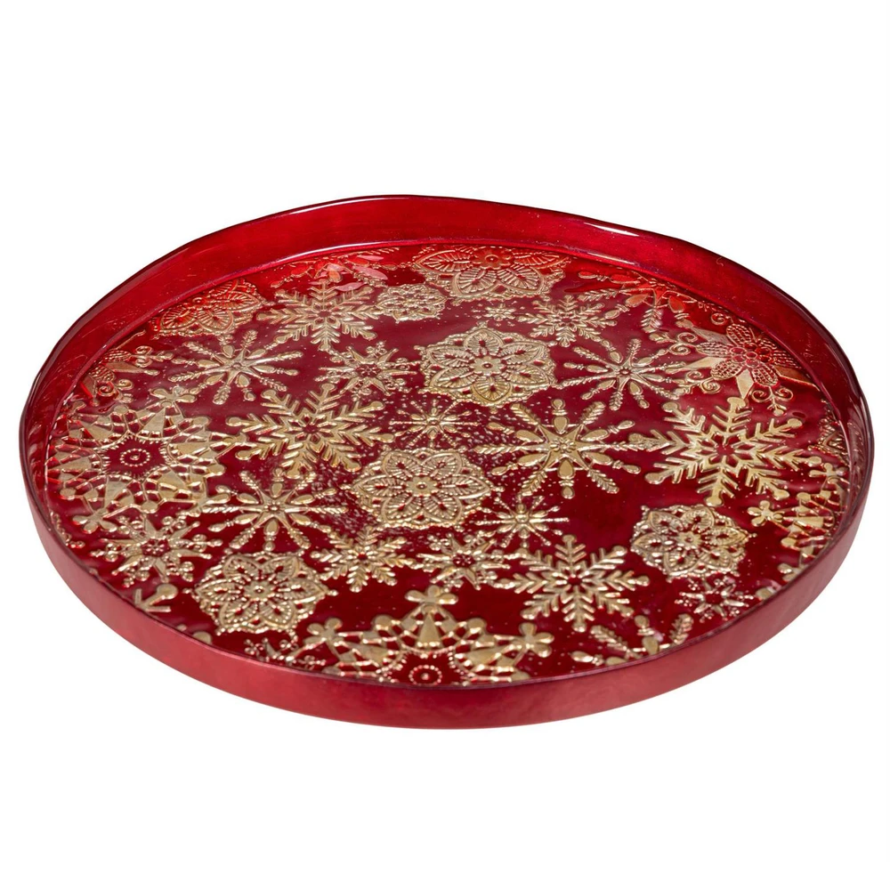 Red Glass Platter with Gold Snowflakes 11" Dia | The Shops at Colonial Williamsburg