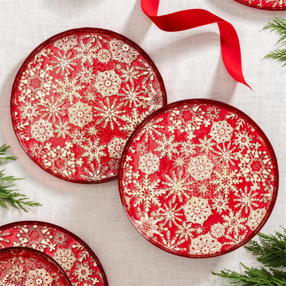 Red Glass Platter with Gold Snowflakes 11" Dia | The Shops at Colonial Williamsburg