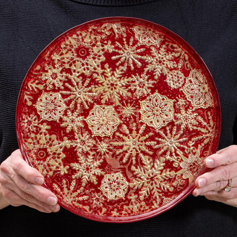 Red Glass Platter with Gold Snowflakes 11" Dia | The Shops at Colonial Williamsburg
