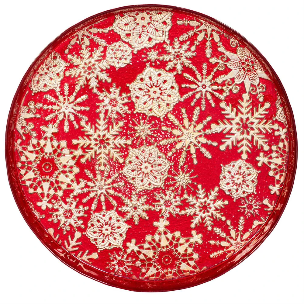 Red Glass Platter with Gold Snowflakes 11" Dia | The Shops at Colonial Williamsburg