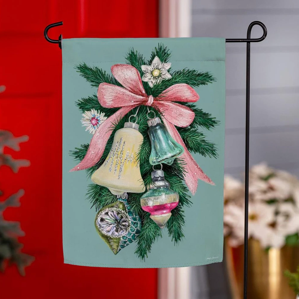 Pink Bow & Ornaments Pine Swag Holiday Garden Flag | The Shops at Colonial Williamsburg
