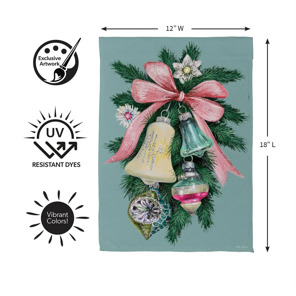 Pink Bow & Ornaments Pine Swag Holiday Garden Flag | The Shops at Colonial Williamsburg