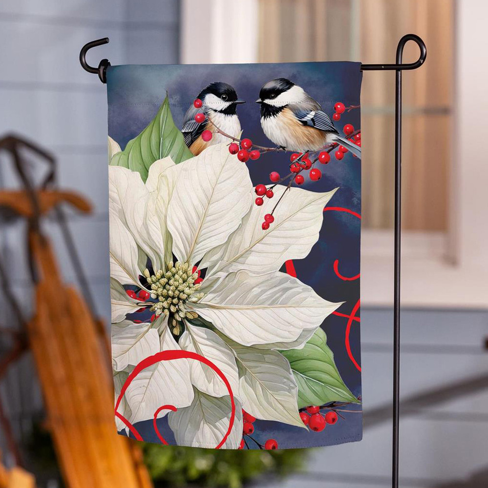 White Poinsettia & Chickadees Holiday Garden Flag