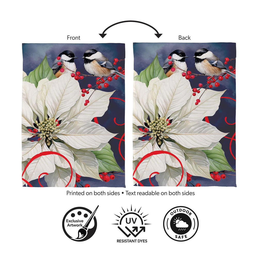 White Poinsettia & Chickadees Holiday Garden Flag | The Shops at Colonial Williamsburg